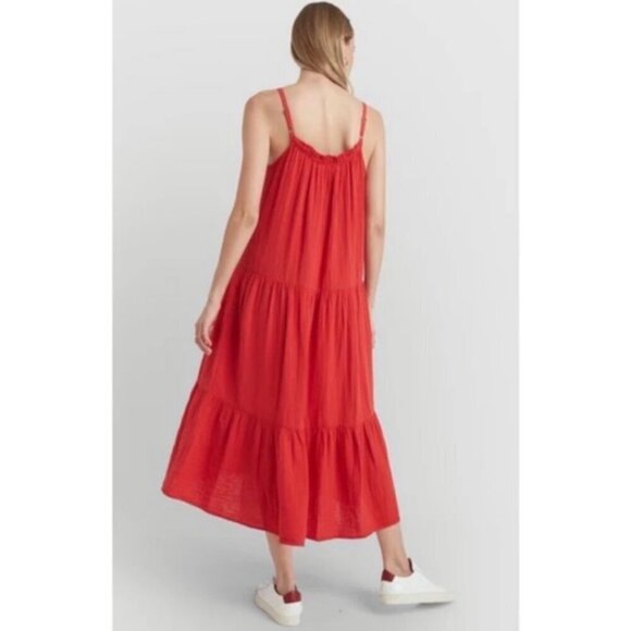 Xirena Cara Red Cotton Gauze Tiered Spaghetti Strap Sleeveless Midi Dress Medium - Picture 2 of 16